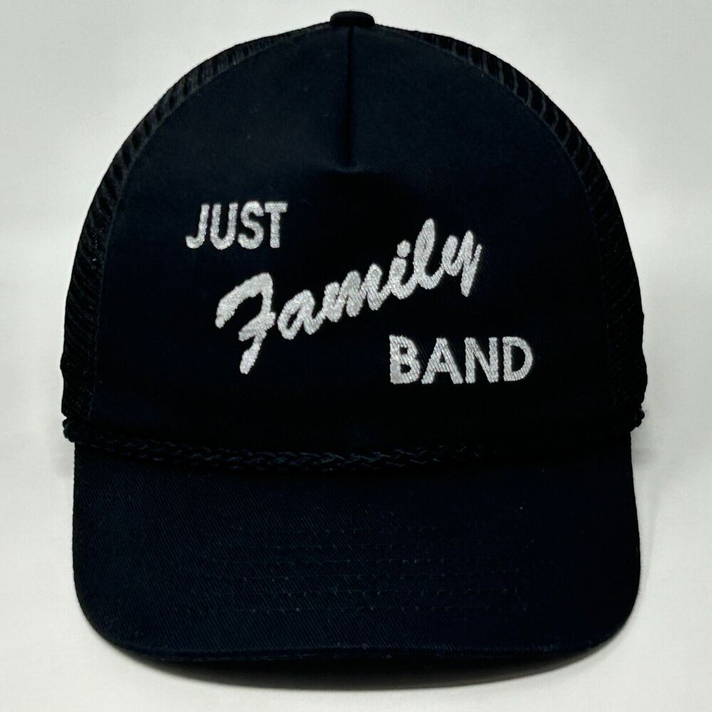 Vintage 90s Just Family Band Trucker Hat Baseball Cap Black Snapback Rope Corded